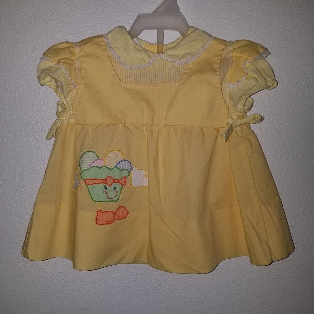 VTG Yellow White Stripes Collared Dress Cupcake? Baby Girl Size 12 (Months?)